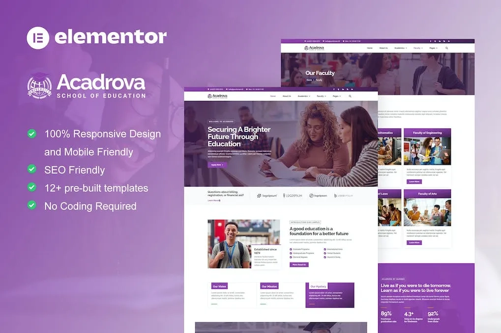 acadrova university school education elementor pro template kit 6514235b80539