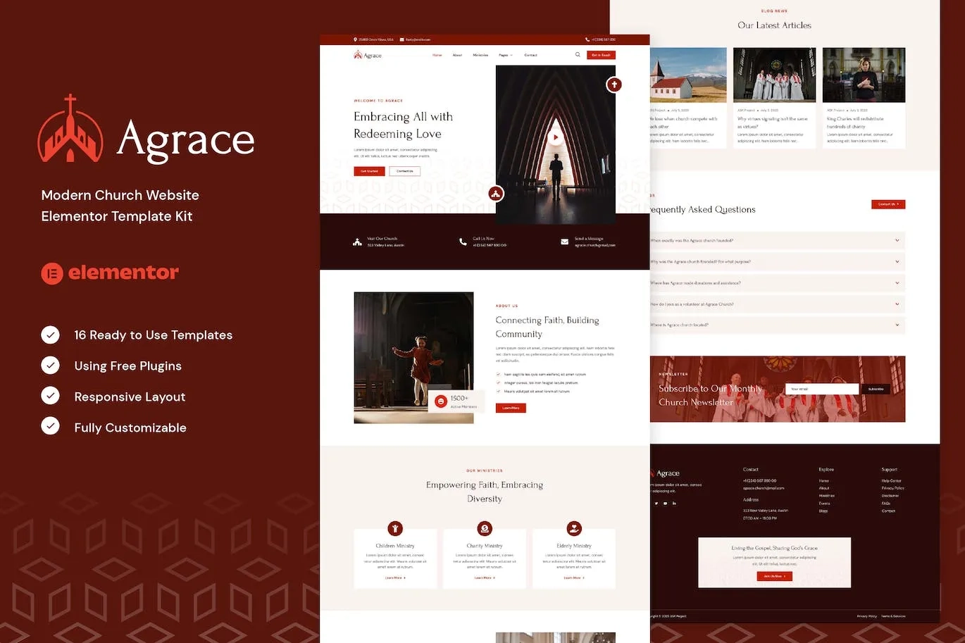 agrace modern church website elementor template kit 651481c1b757a