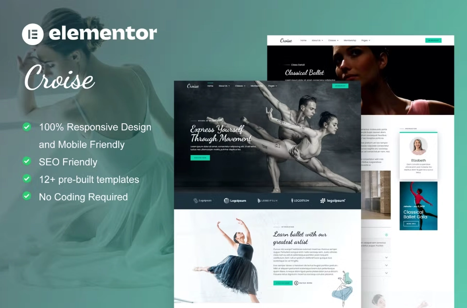 croise ballet dance school elementor pro template kit 65149637ed193