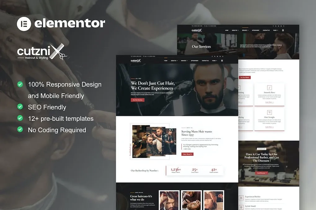 cutznix barbershop hair salon elementor template kit 6514299bd7d79