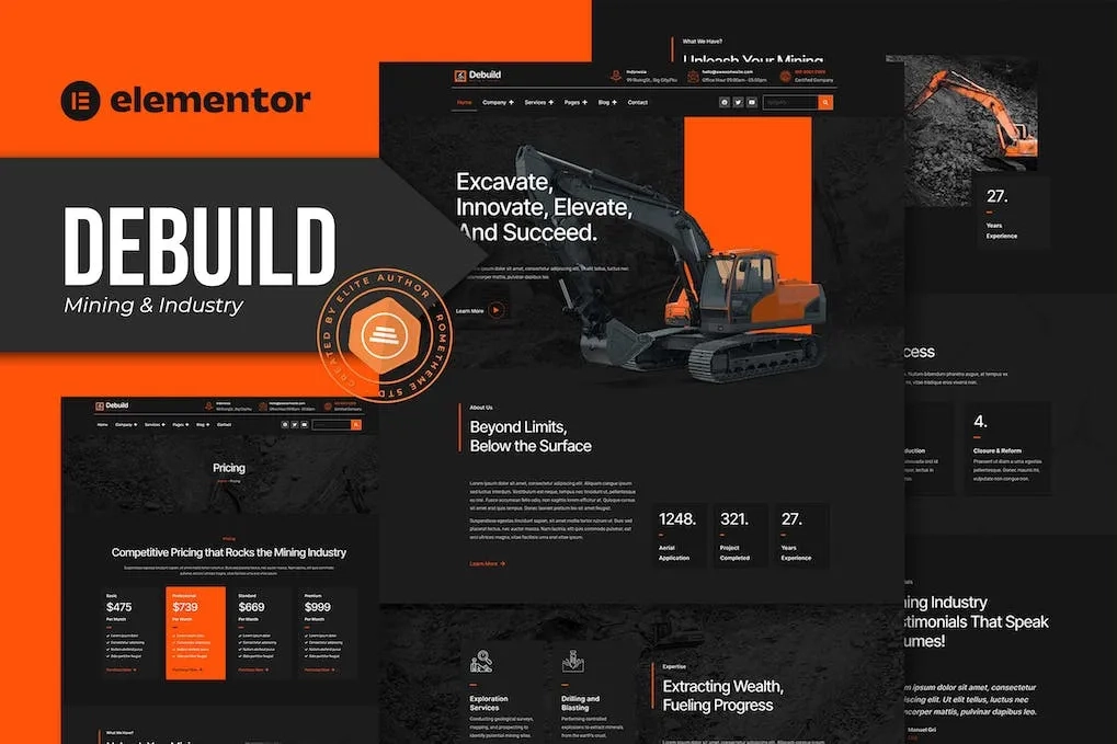 debuild mining industry elementor pro template kit 6514234989e73