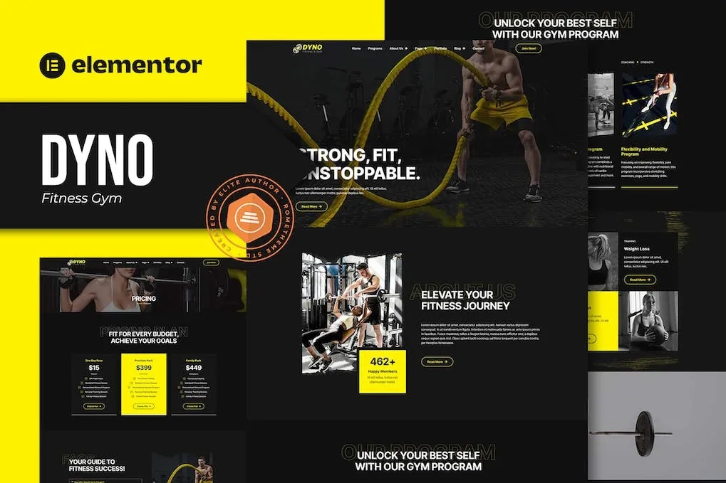 dyno fitness gym elementor pro template kit 651426fb31ff1