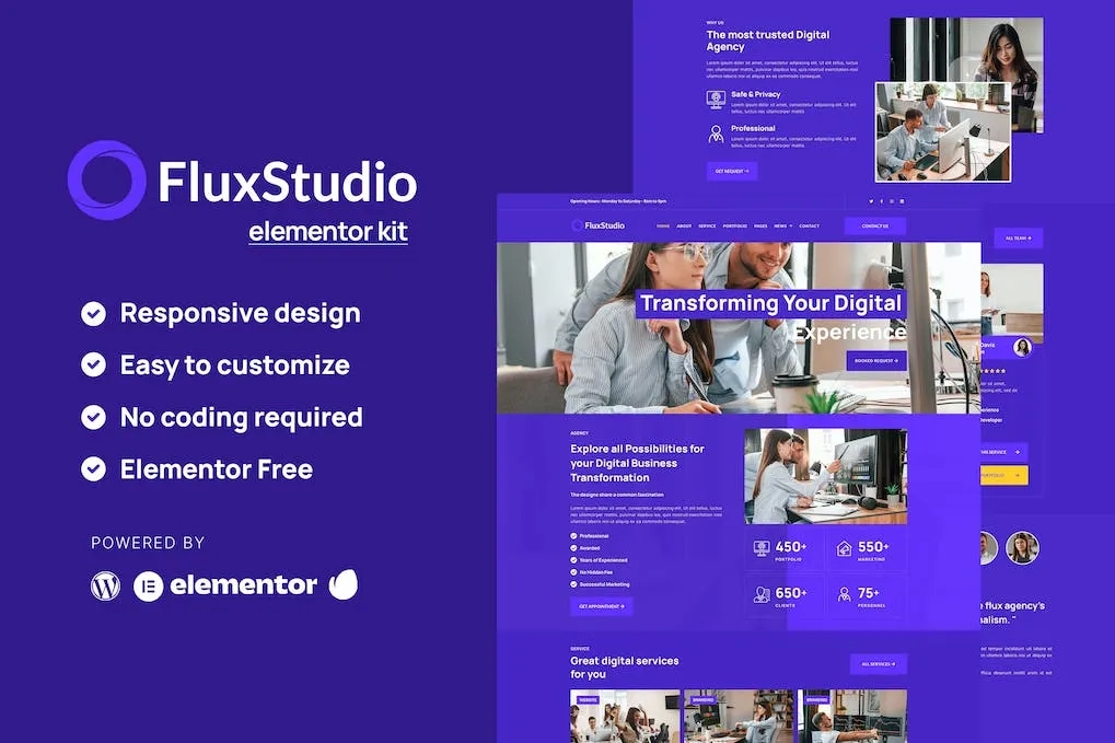 flux digital agency elementor template kit 651427732325c