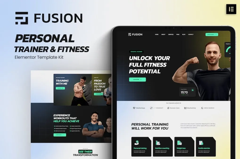 fusion personal trainer fitness elementor template kit 65141f9643f8b