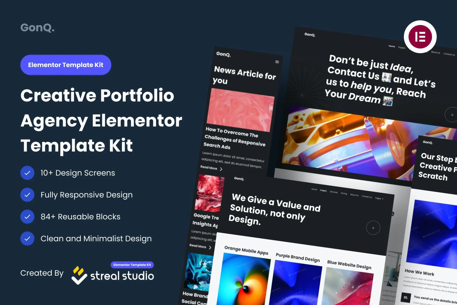 gonq creative portfolio agency elementor template kit 65141ec284e77