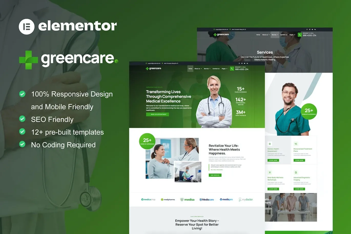 greencare medical services elementor pro template kit 65147ba86d27c