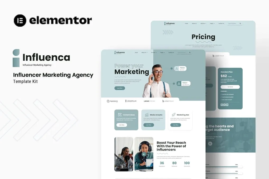 influenca influencer marketing agency elementor template kit 65142992d095c