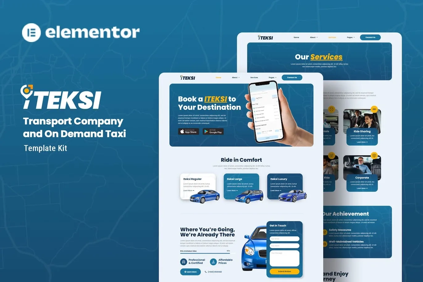 iteksi transport company taxi app elementor template kit 651479fb95952