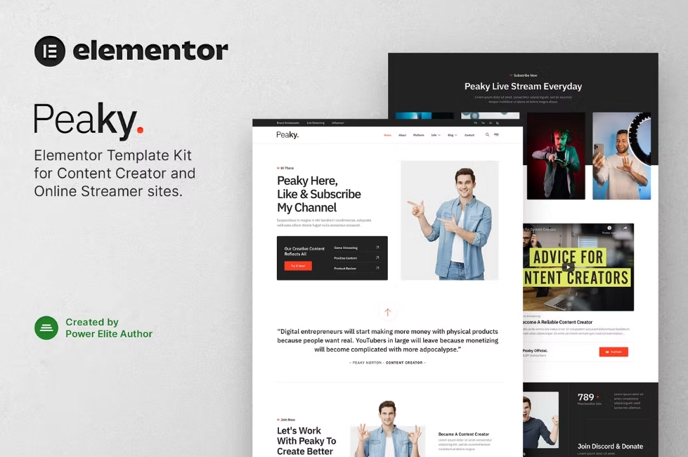 peaky content creator online streamer elementor template kit 6514964117ff0