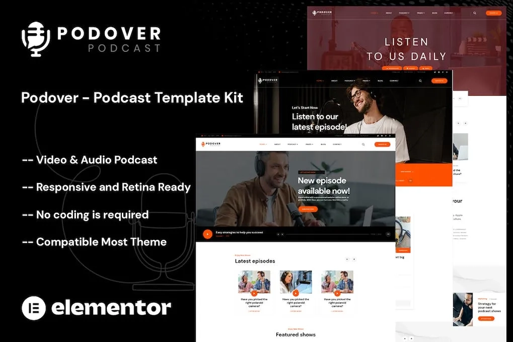 podover podcast elementor template kit 651428e3b3497