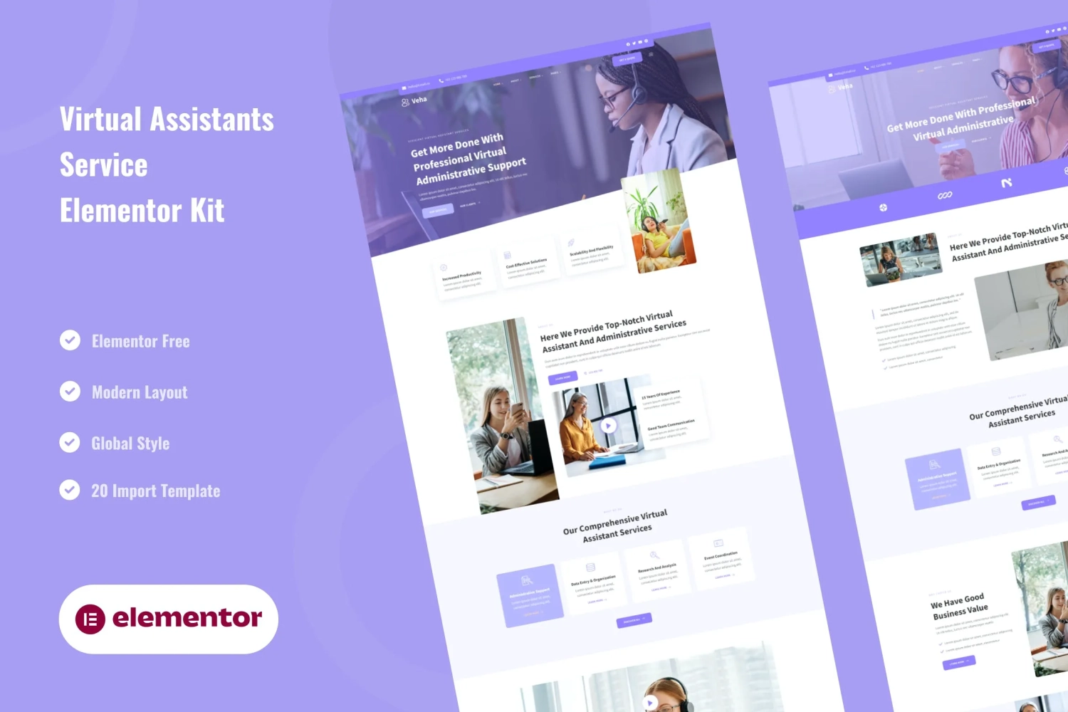 veha virtual assistant administrative elementor template kit 65141ee826709