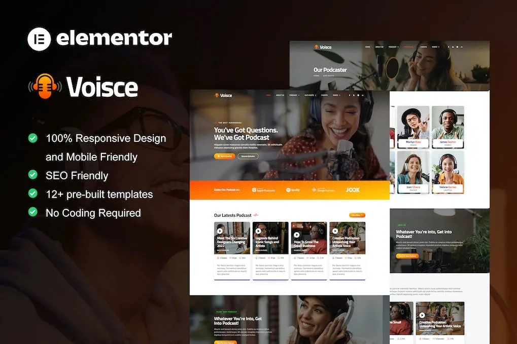 voisce podcaster music streaming elementor pro template kit 65145f4fda326