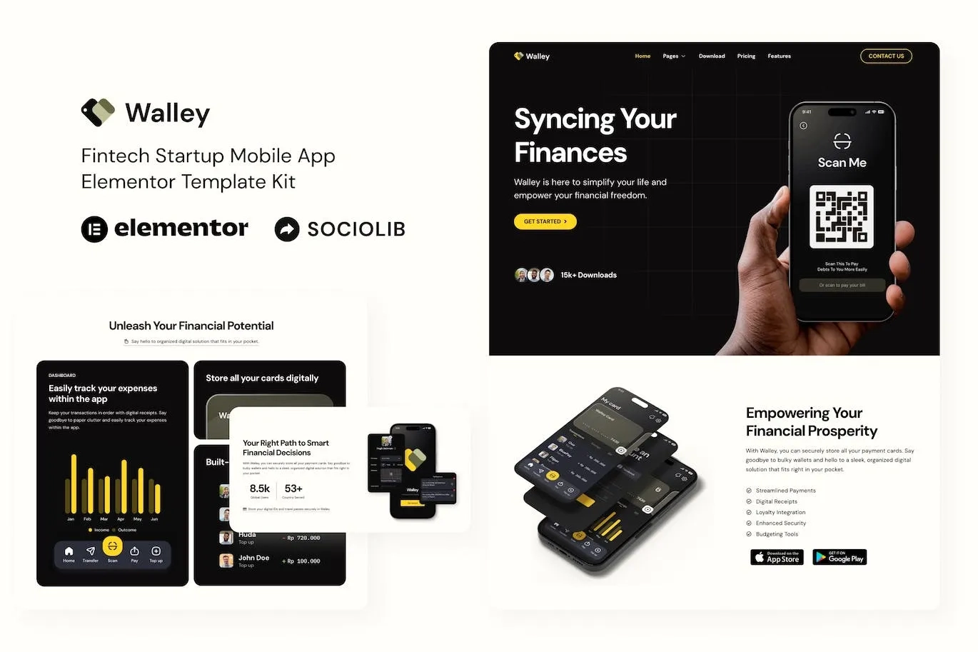 walley fintech startup mobile app elementor template kit 651481f42f005