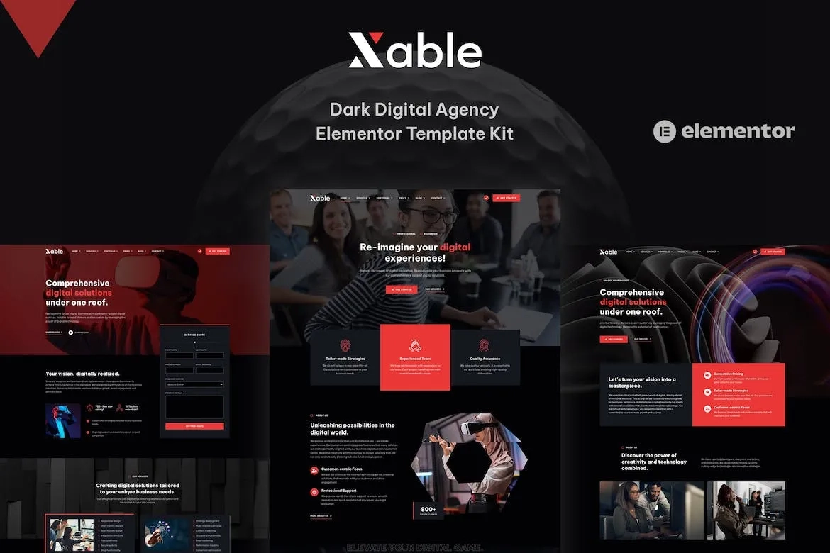 xable dark digital agency elementor pro template kit 651482e548530