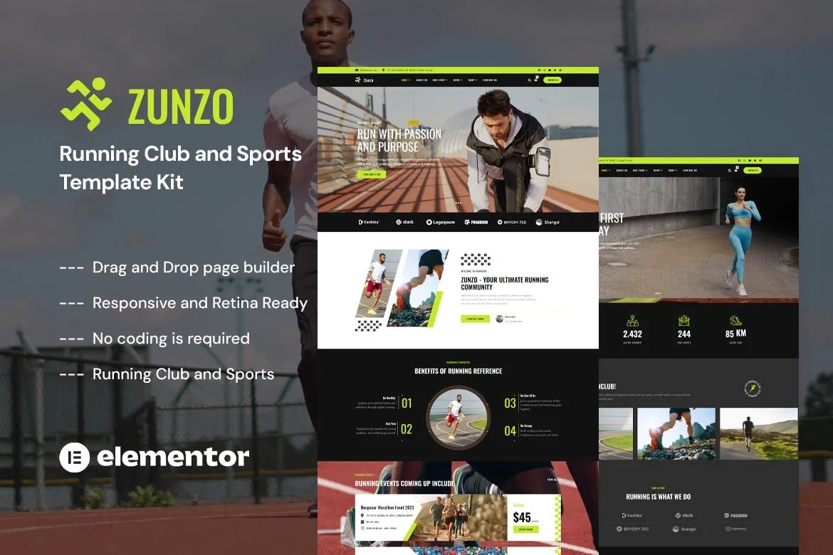 zunzo running club sports elementor pro template kit 651479cd6361b