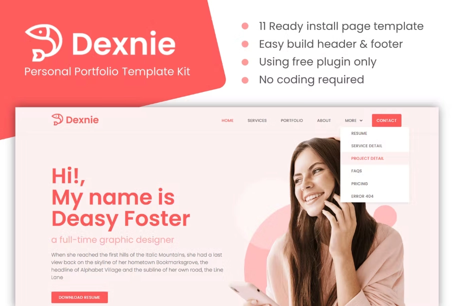 Dexnie – Personal Portfolio Elementor Template Kit