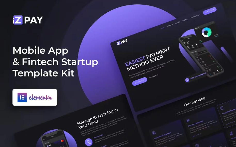 iZPAY – Mobile App & Fintech Startup Elementor Template Kit