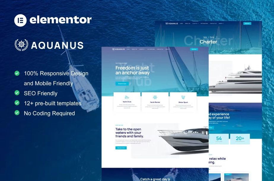 Aquanus – Yacht Club & Boat Rental Elementor Template Kit