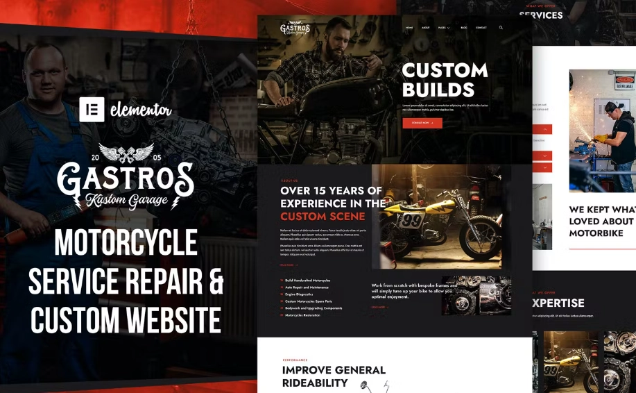 Gastros Garage – Motorcycle Service Repair Elementor Template Kit