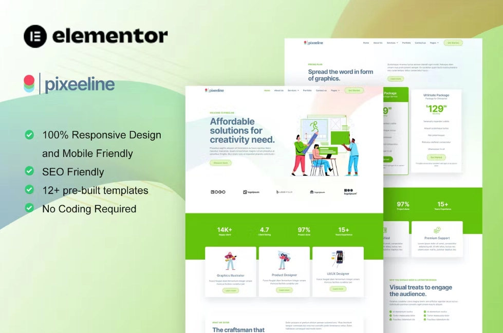 Pixeeline – Graphics Illustration Freelance & Creative Agency Elementor Template Kit