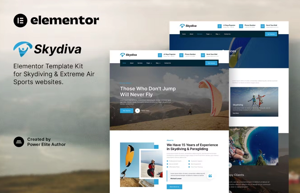 Skydiva – Skydiving & Extreme Air Sports Elementor Template Kit