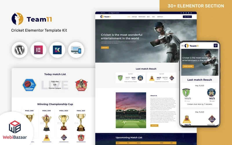 Team11 Cricket Responsive Website Wordpress Elementor Theme Wordpress Theme 1.0