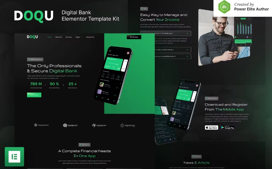 Doqu – Dark Digital Bank & E Wallet Elementor Template Kit