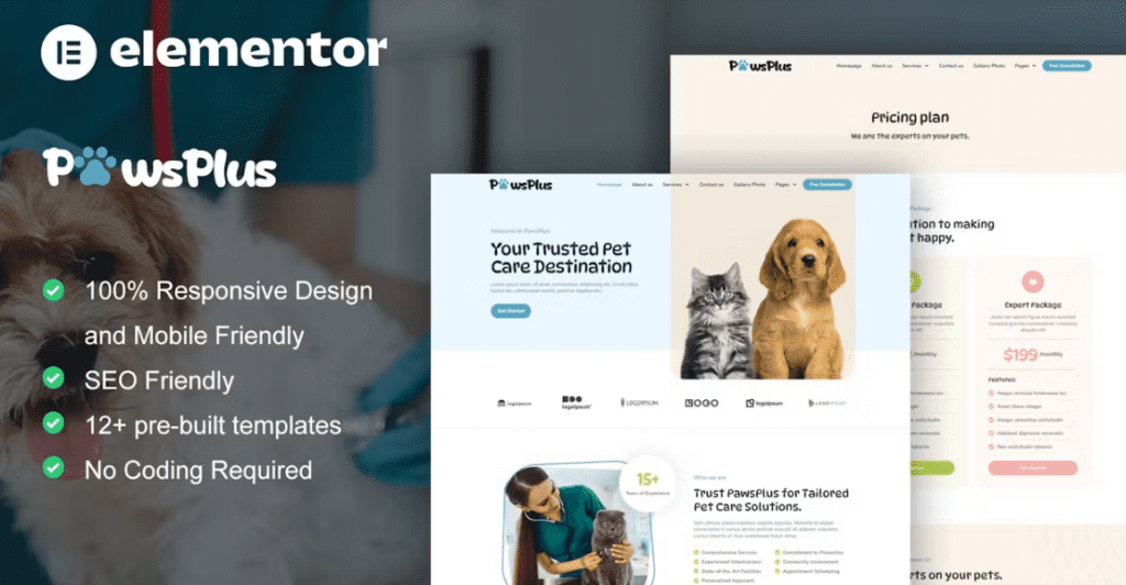 PawsPlus – Pet Care &amp; Veterinary Elementor Template Kit