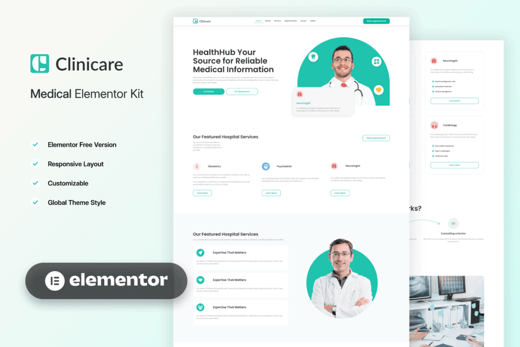 Clinicare – Elementor Template Kit Health &amp; Medical Websites