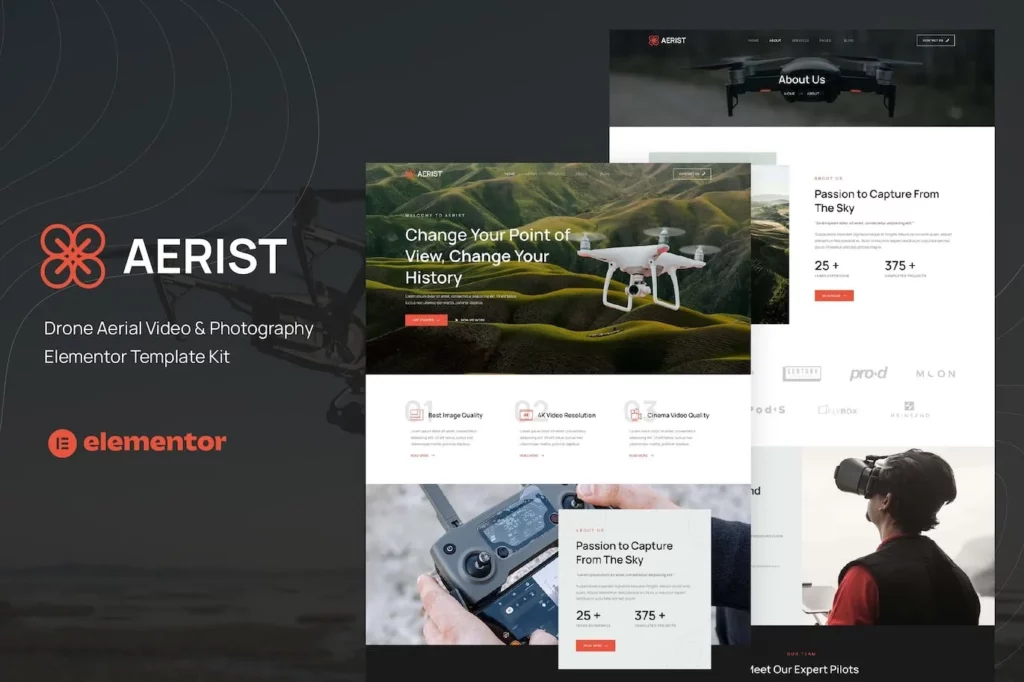 Aerist – Drone Aerial Video &amp; Photography Elementor Template Kit