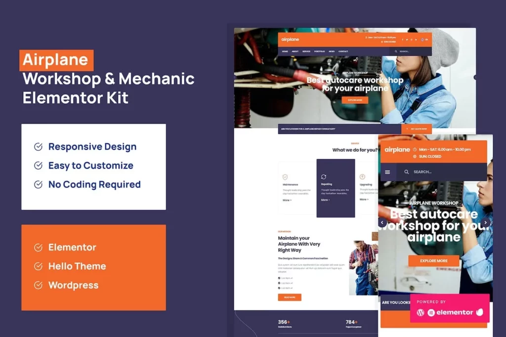 Airplane – Mechanic Workshop Elementor Template Kit