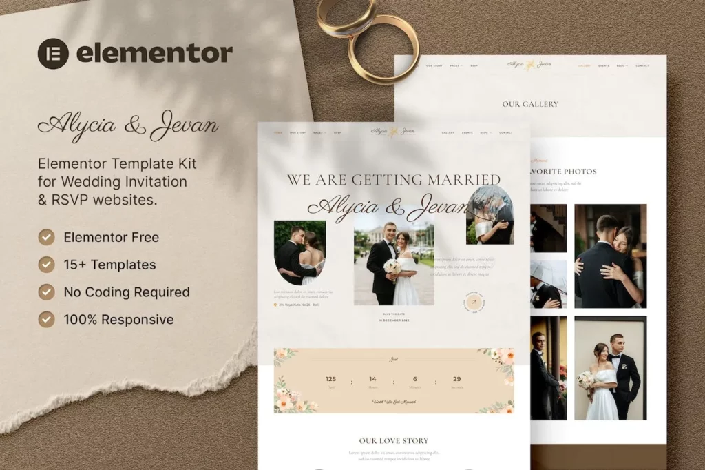 Alycia &amp; Jevan – Wedding Invitation &amp; RSVP Elementor Template Kit