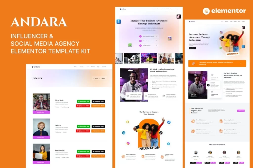 Andara – Influencer &amp; Social Media Agency Template Elementor