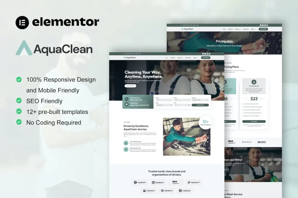 AquaClean – Car Washing &amp; Cleaning Services Elementor Template Kit
