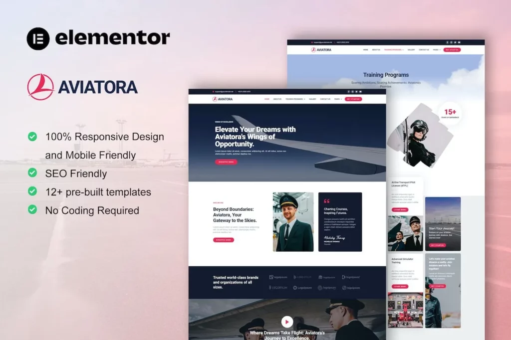Aviatora – Aviation &amp; Flight School Elementor Pro Template Kit