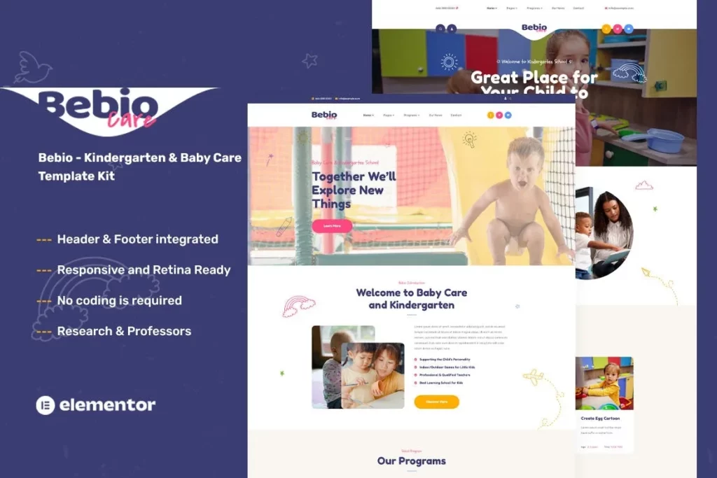 Bebio – Kindergarten &amp; Baby Care Elementor Template Kit