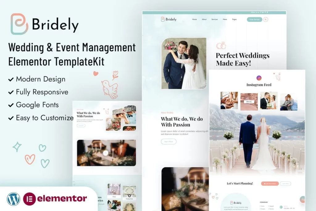 Bridely | Wedding &amp; Event Management Elementor Template Kit
