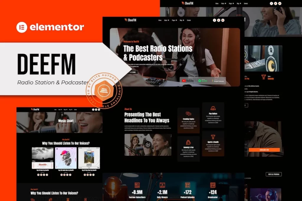 DeeFM – Radio Station &amp; Podcaster Elementor Pro Template Kit