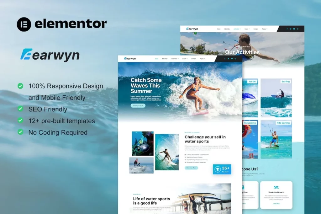 Earwyn – Water Sports &amp; Surfing Elementor Pro Template Kit