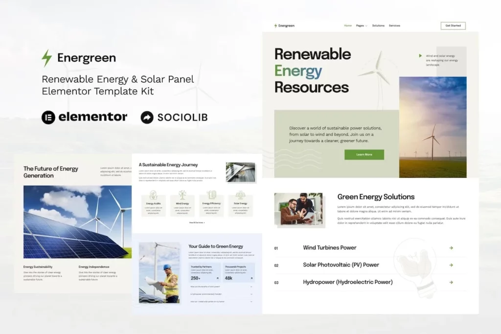 Energreen – Renewable Energy &amp; Solar Panel Elementor Template Kit