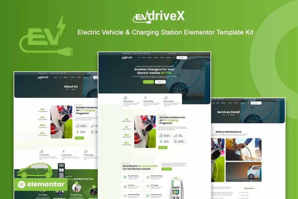 EVdriveX – Electric Vehicle &amp; Charging Station Elementor Template Kit
