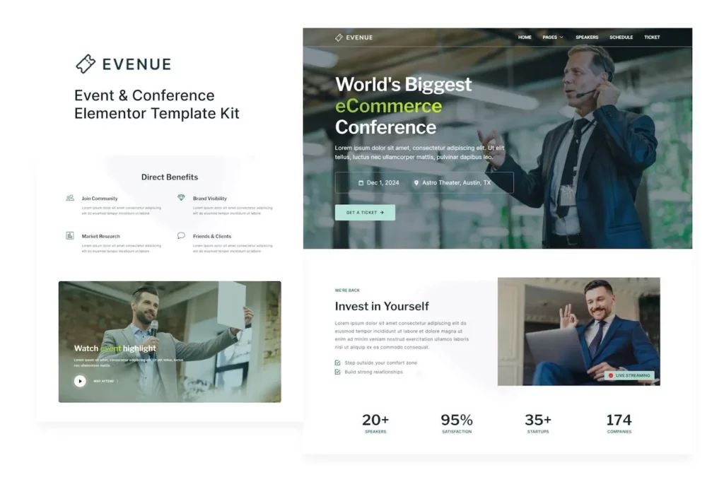 Evenue – Event &amp; Conference Elementor Template Kit