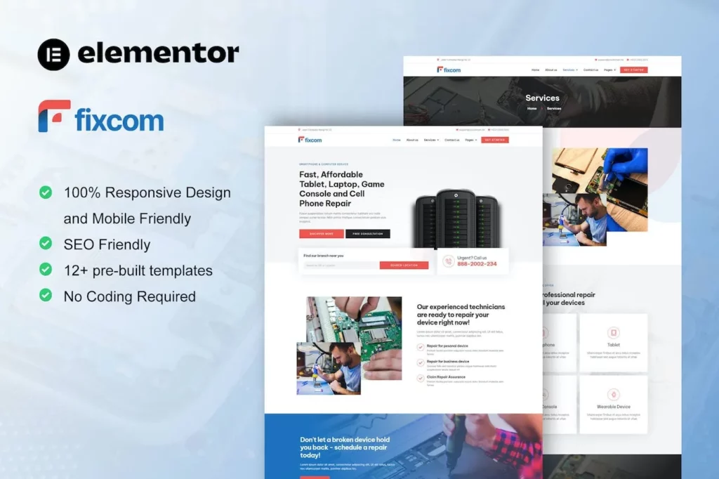 Fixcom – Mobile Phone &amp; Computer Repair Elementor Template Kit