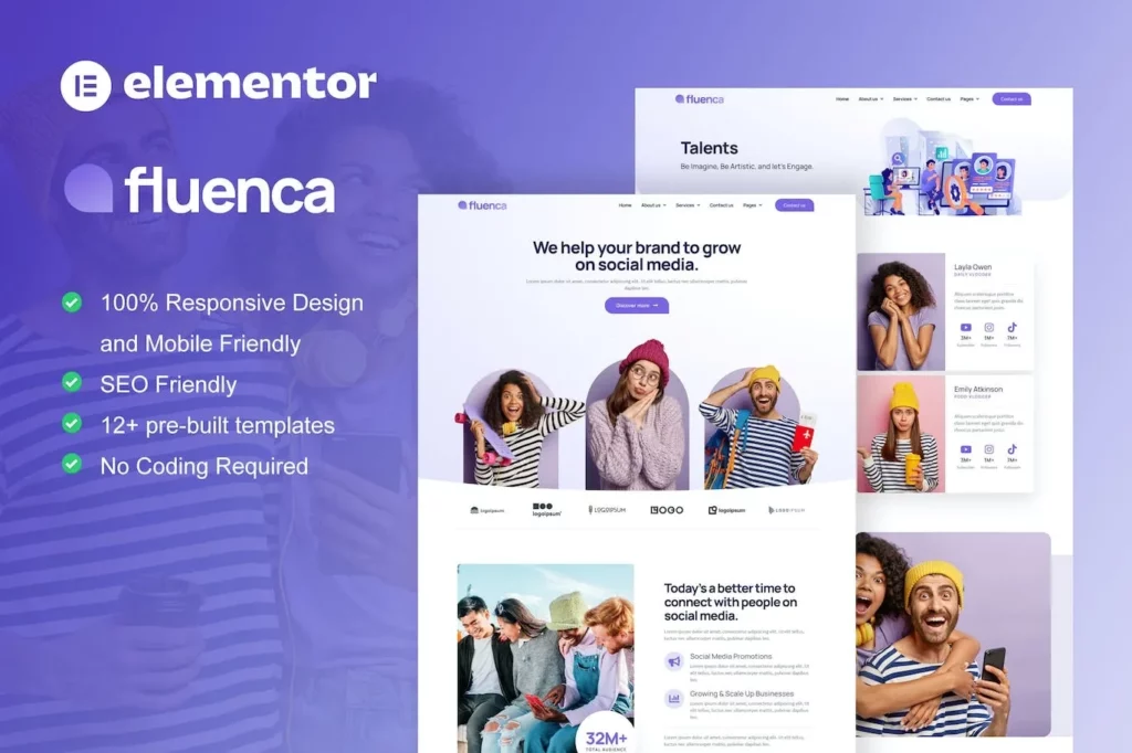 Fluenca – Social Media Agency Elementor Pro Full Site Template Kit