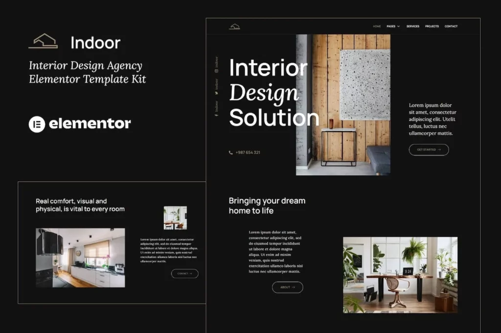 Indoor – Dark Interior Design &amp; Architecture Agency Elementor Template Kit