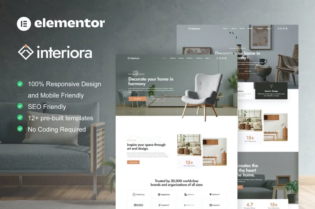 Interiora – Architecture &amp; Interior Design Service Elementor Pro Template Kit