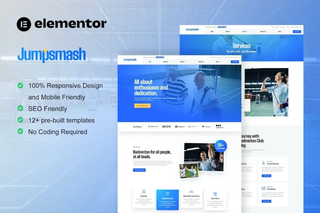 JumpSmash – Badminton Club &amp; Sport Community Elementor Template Kit