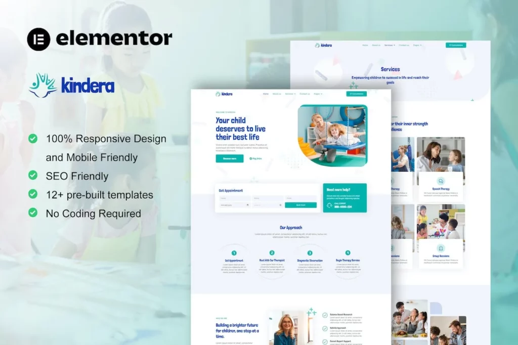 Kindera – Child Therapist &amp; Psychologist Service Elementor Template Kit