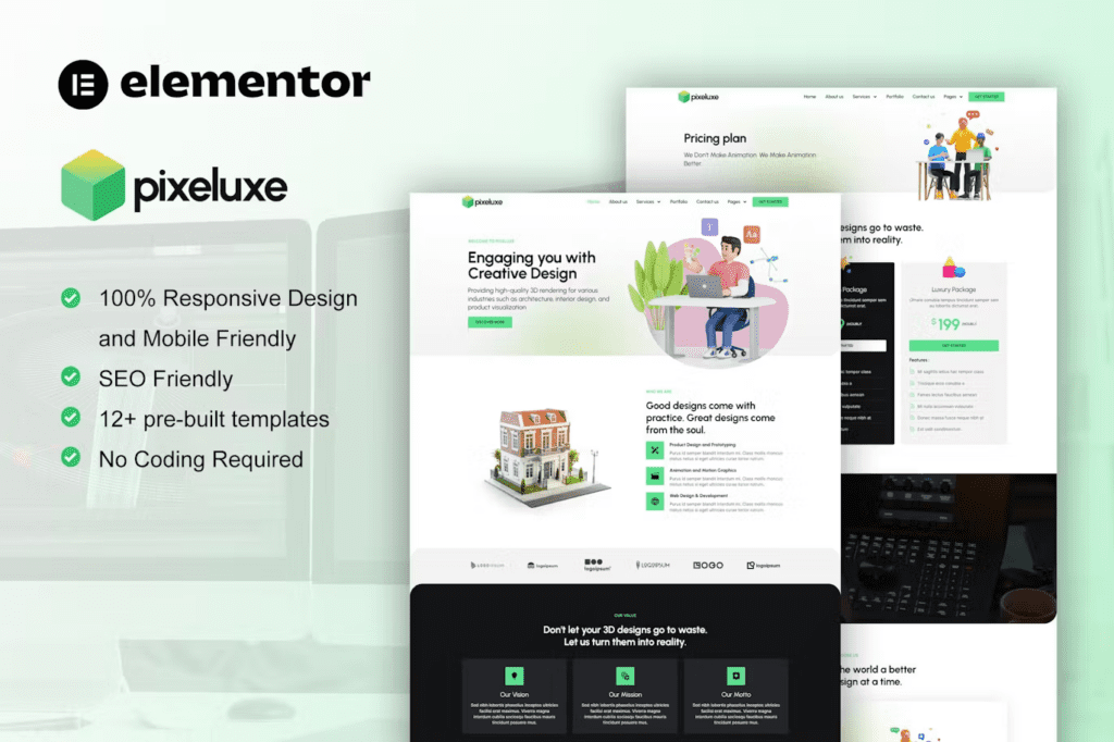 Pixeluxe – 3D Design Studio Elementor Pro Template Kit