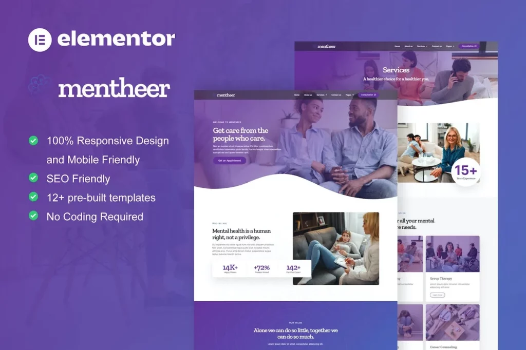 Mentheer – Mental Health Therapy Elementor Pro Template Kit